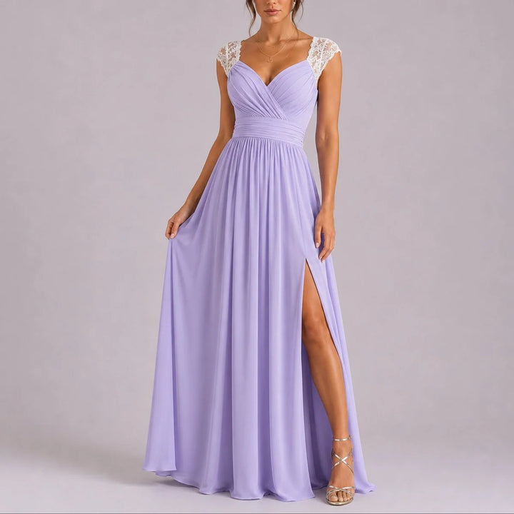 Amelie | Damen ärmelloses Maxikleid mit V-Ausschnitt, Spitze und Seitenschlitz 2
