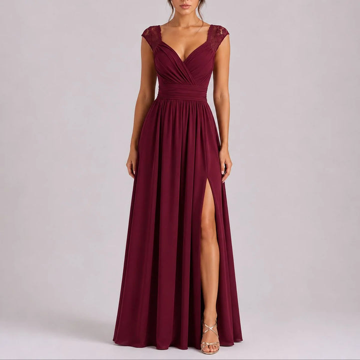 Amelie | Damen ärmelloses Maxikleid mit V-Ausschnitt, Spitze und Seitenschlitz 4