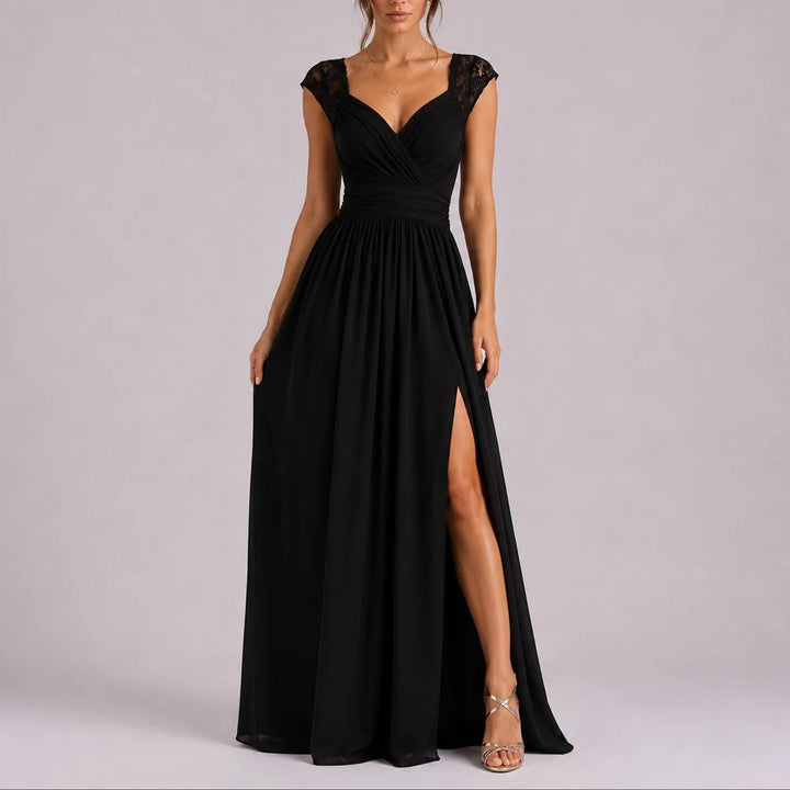 Amelie | Damen ärmelloses Maxikleid mit V-Ausschnitt, Spitze und Seitenschlitz 5