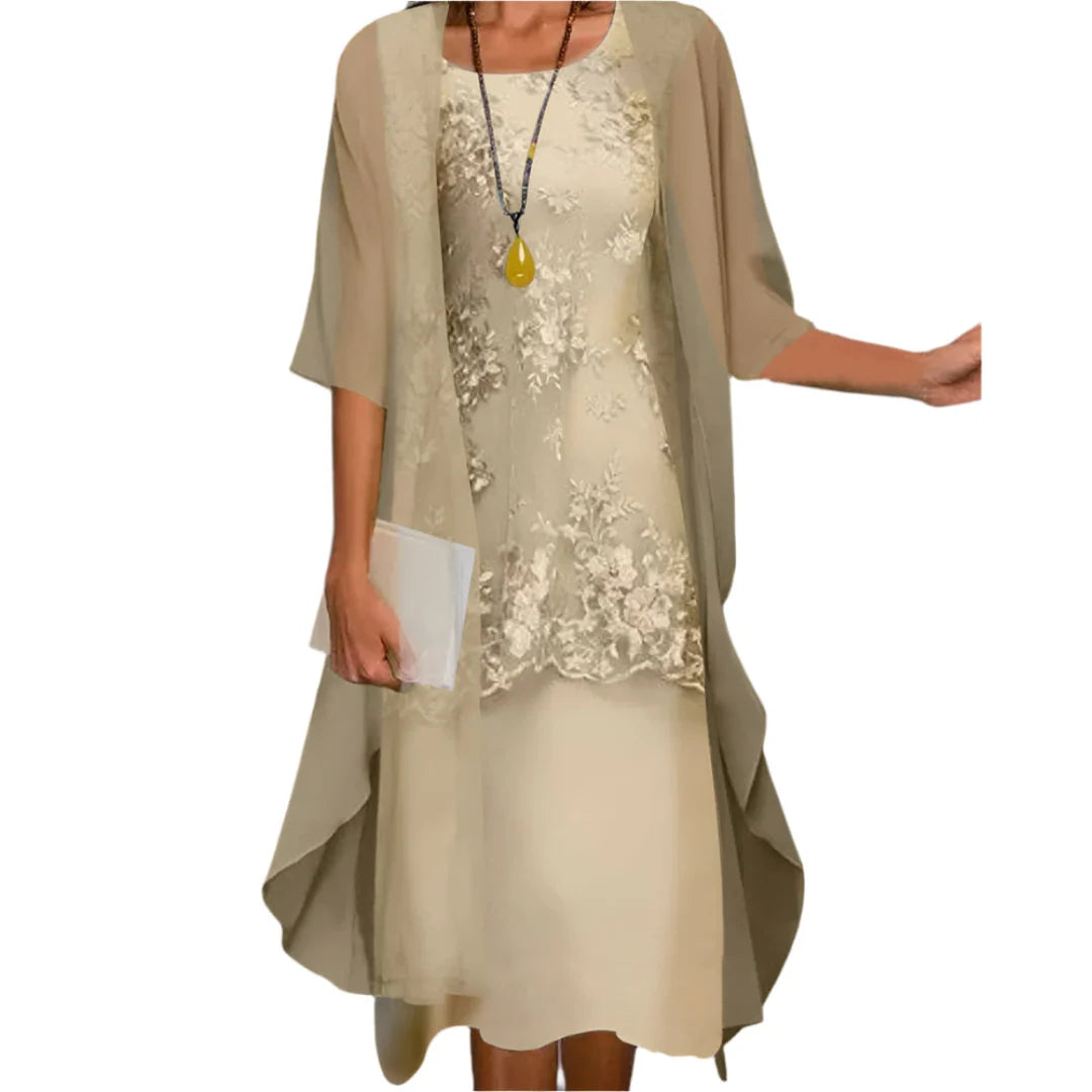 Annika | Damen Hochzeitsgast Kleid Fließendes Midi Kleid mit Transparenten Ärmeln 1