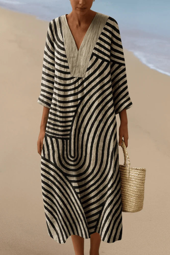 Araminta | Striped Maxi Dress with V Neck 0