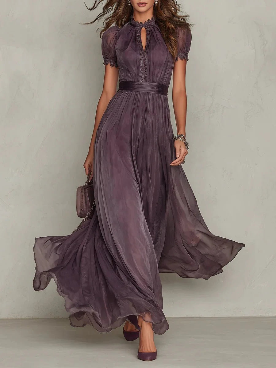Clara | Damen Kurzarm Keyhole Maxi-Kleid mit fließendem Chiffon-Rock 0