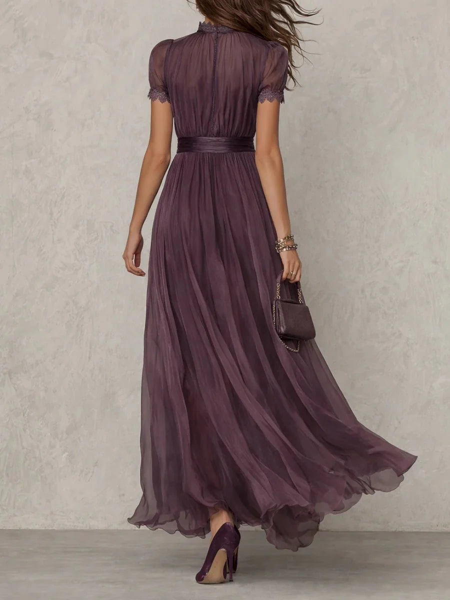 Clara | Damen Kurzarm Keyhole Maxi-Kleid mit fließendem Chiffon-Rock 2