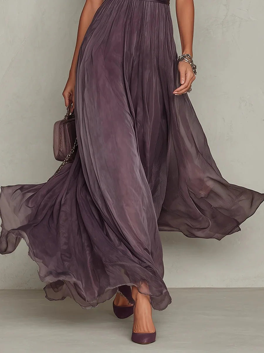 Clara | Damen Kurzarm Keyhole Maxi-Kleid mit fließendem Chiffon-Rock 4
