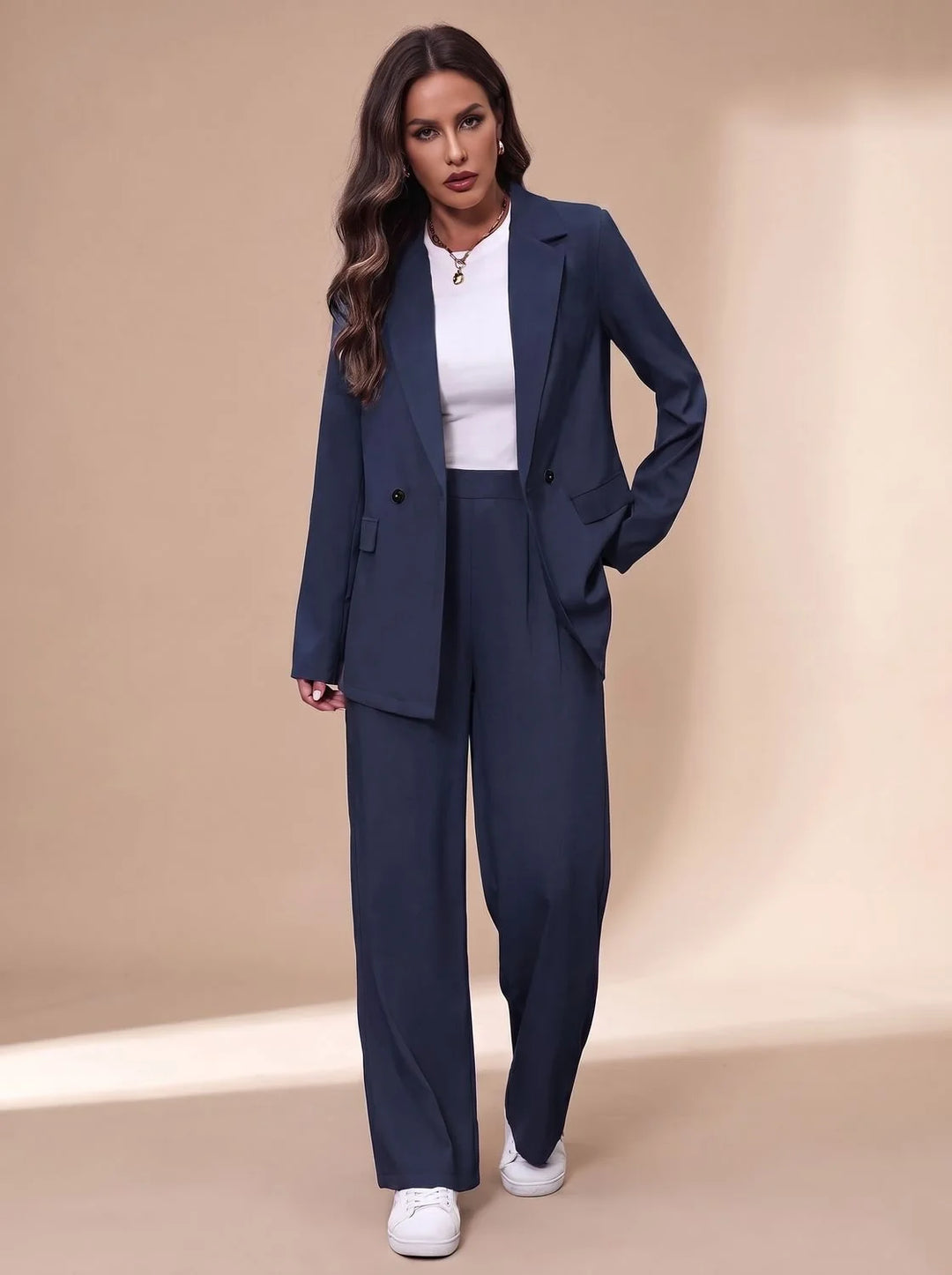 Clara | Women's Tailored Double-Breasted Pantsuit with Wide-Leg Trousers, Burgundy 9