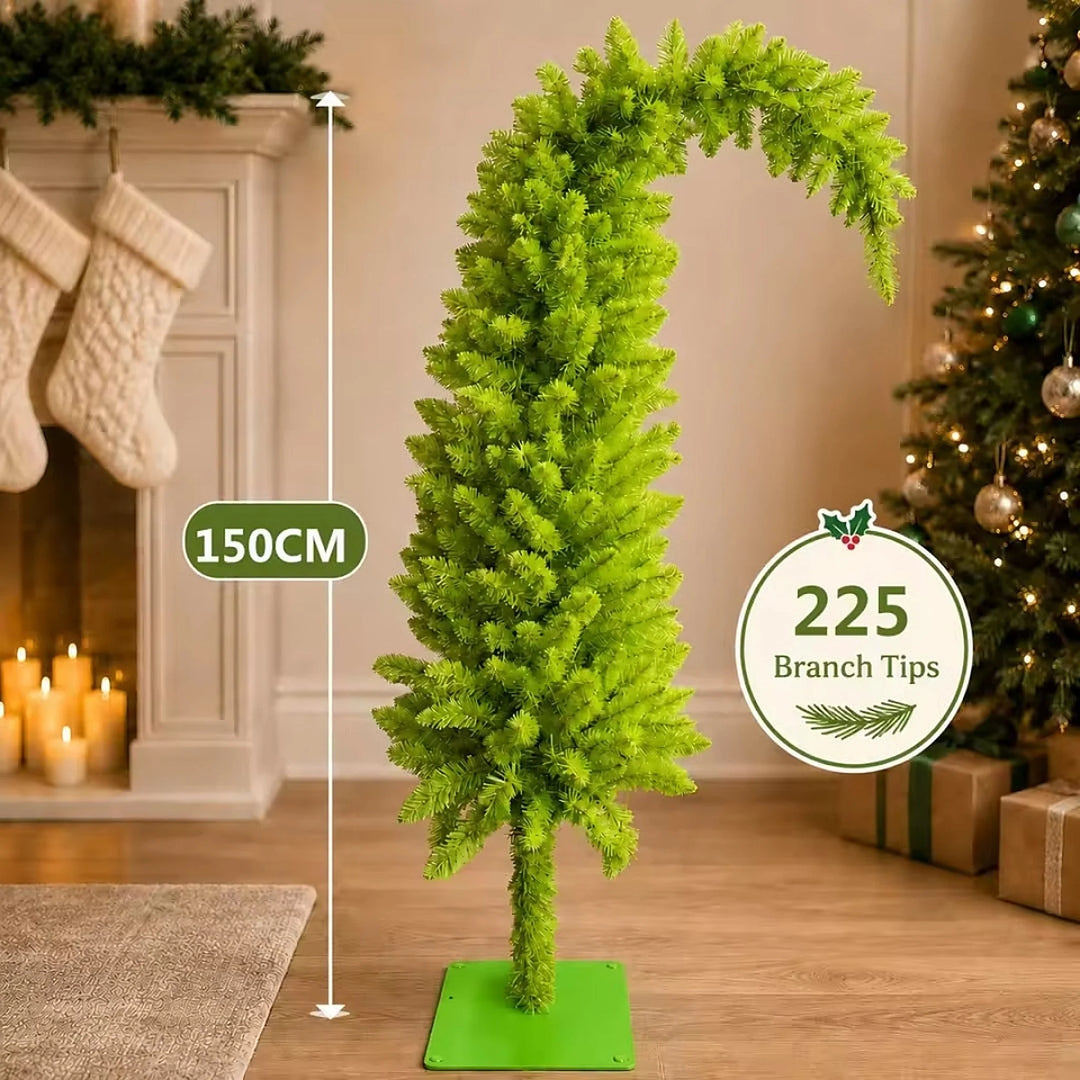 Curved Christmas Tree - Slim Whimsical Design with Full Branches and Metal Stand 1