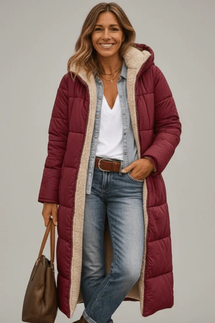 Damen lange Pufferjacke mit Kapuze 7