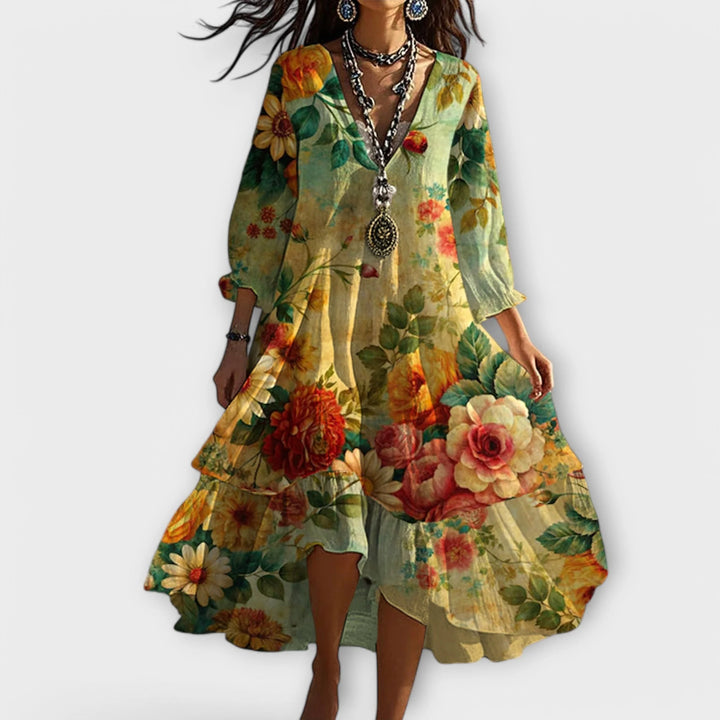 Eva | Damen Vintage Boho V-Ausschnitt Herbstkleid 0