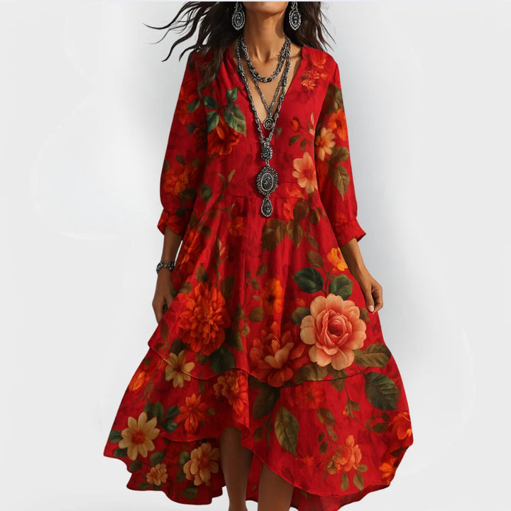 Eva | Damen Vintage Boho V-Ausschnitt Herbstkleid 1