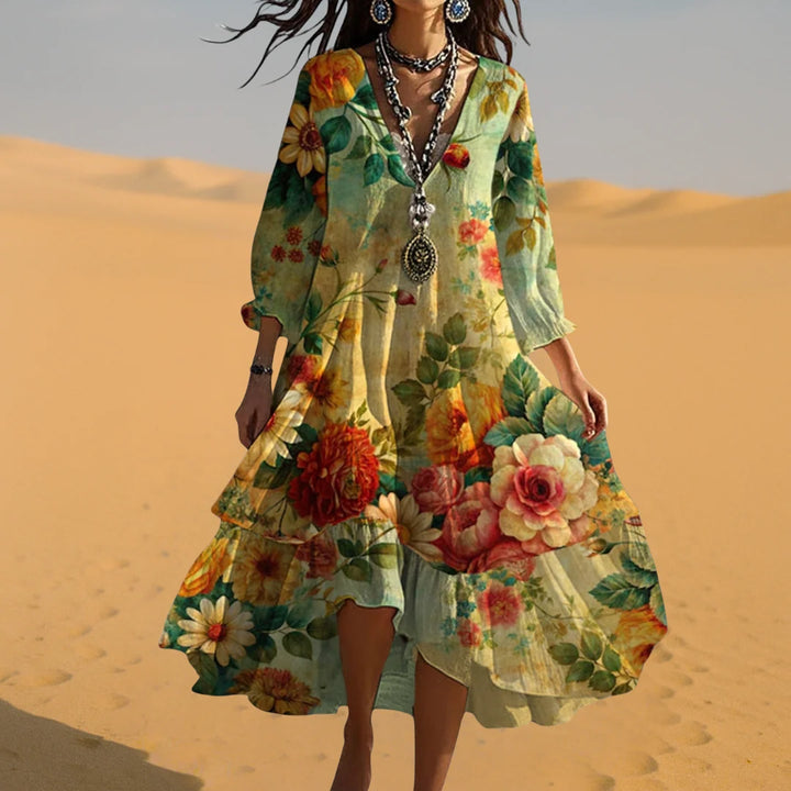 Eva | Damen Vintage Boho V-Ausschnitt Herbstkleid 2