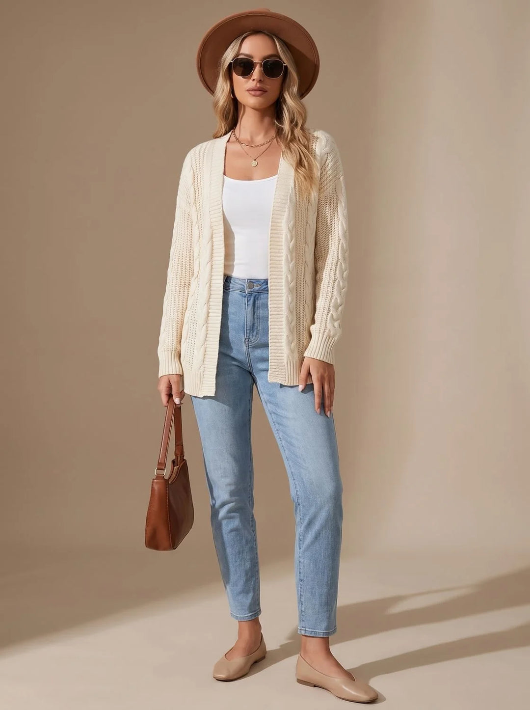 Greta | Damen Langarm Strickjacke Offene Front Kabelstruktur Hüftlang 2