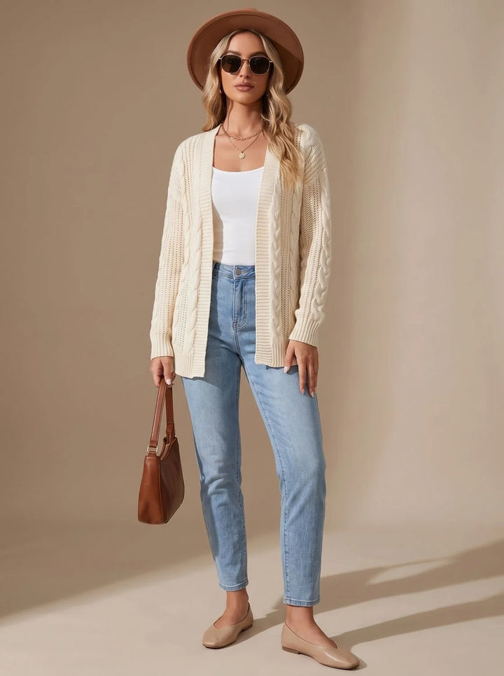 Greta | Damen Langarm Strickjacke Offene Front Kabelstruktur Hüftlang 2