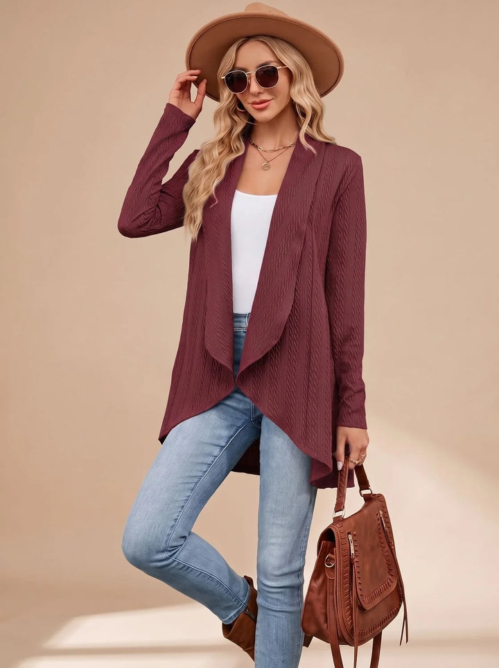 Greta | Damen Langarm Strickjacke Offene Front Kabelstruktur Hüftlang 6