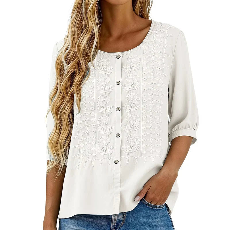 Liesl | Embroidered Button Down Blouse with Round Neck 0