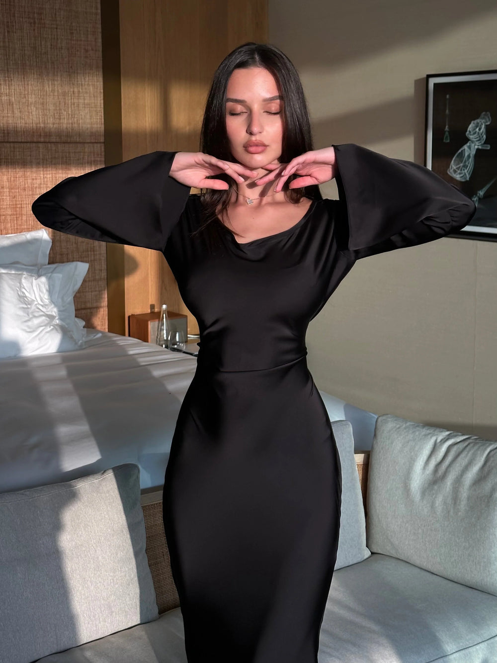 Long-Sleeve Satin Empire Maxi Dress 1