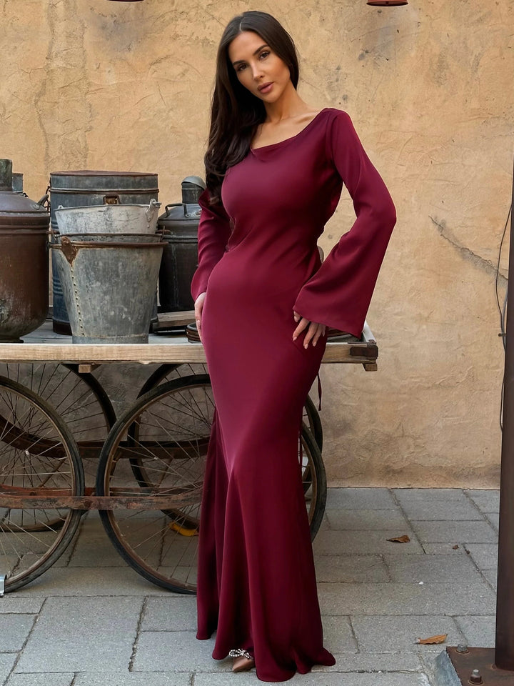 Long-Sleeve Satin Empire Maxi Dress 2