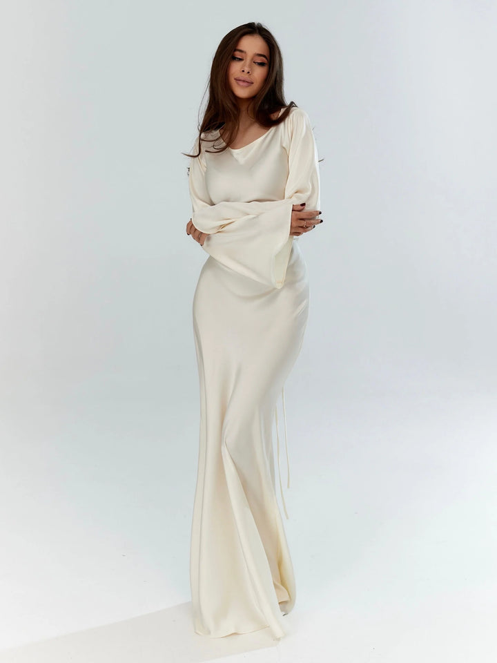 Long-Sleeve Satin Empire Maxi Dress 3