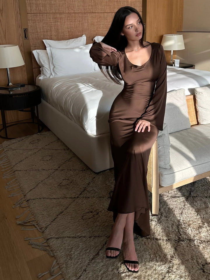 Long-Sleeve Satin Empire Maxi Dress 5