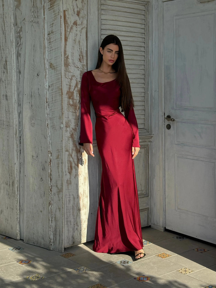 Long-Sleeve Satin Empire Maxi Dress 6
