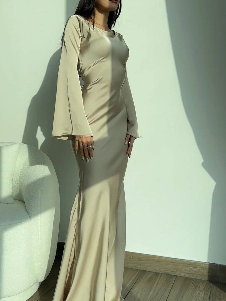 Long-Sleeve Satin Empire Maxi Dress 7