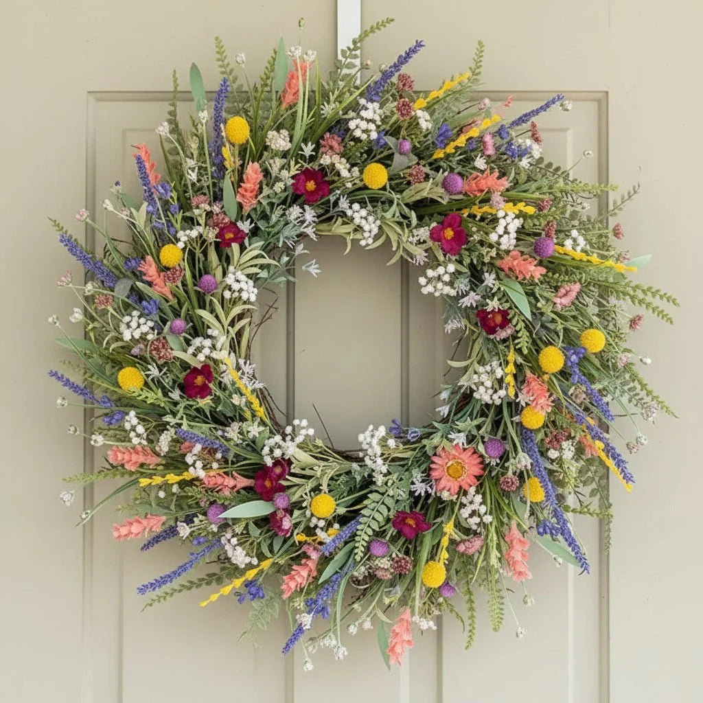 Lush Door Wreath with Realistic Blossoms and Balanced Color Accents 4