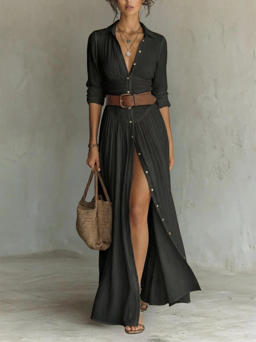 Marie | Damen Boho Maxi-Hemdblusenkleid mit Knopfleiste Gürtel 3