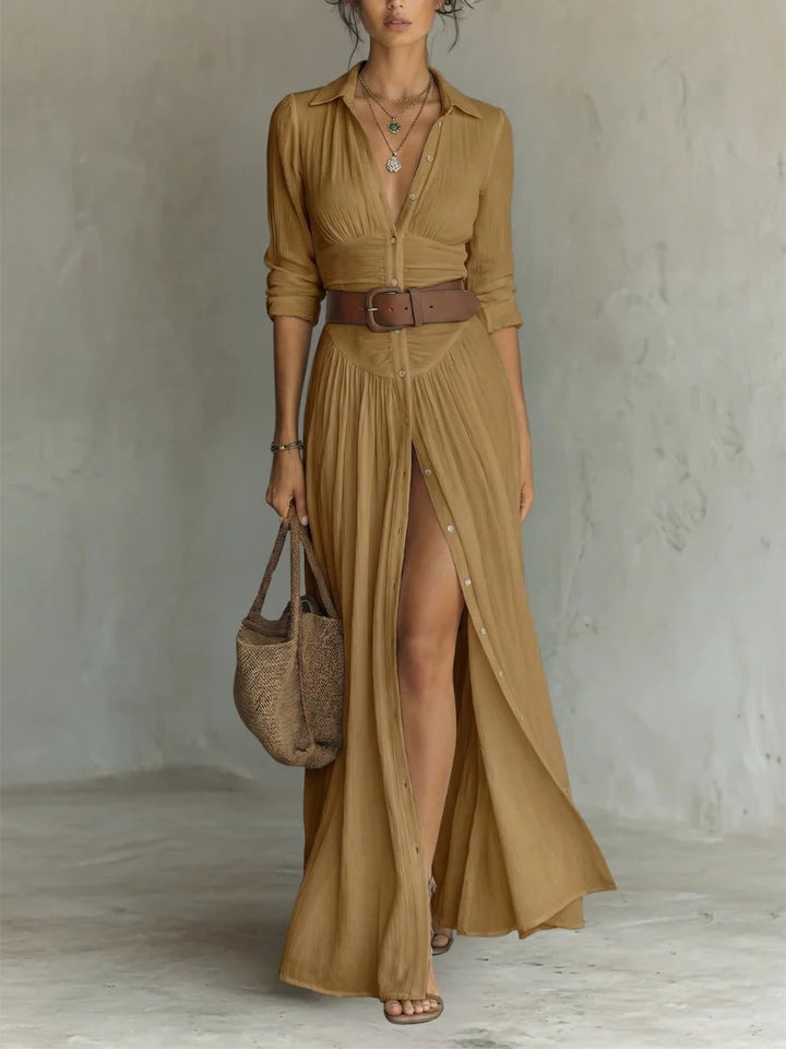 Marie | Damen Boho Maxi-Hemdblusenkleid mit Knopfleiste Gürtel 5
