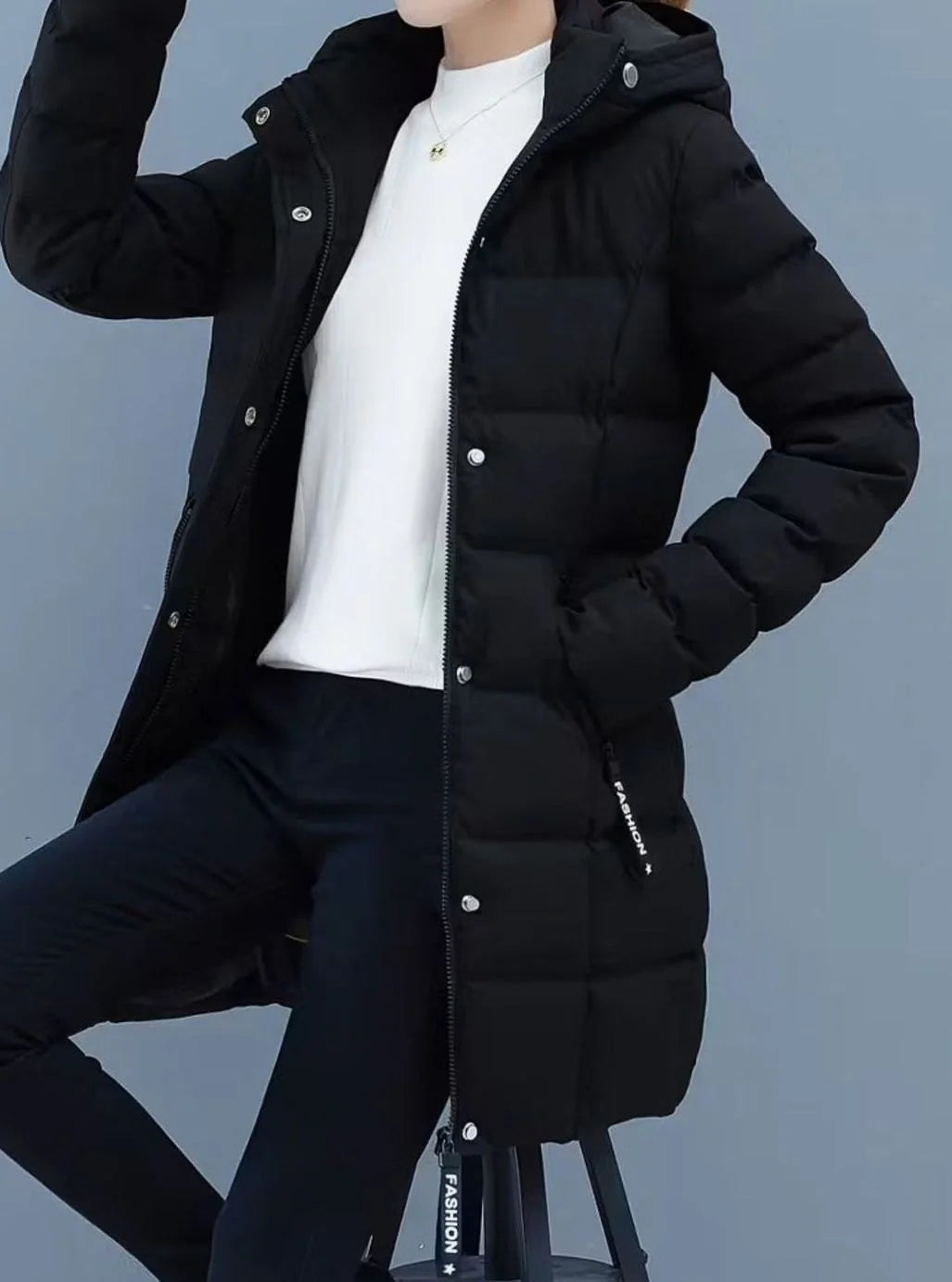 Marie | Damen Winterjacke Gesteppter Mantel mit Kapuze Reißverschluss Mittellang 1