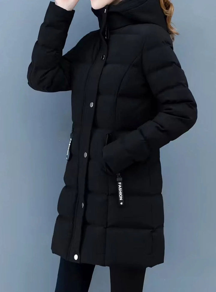 Marie | Damen Winterjacke Gesteppter Mantel mit Kapuze Reißverschluss Mittellang 3