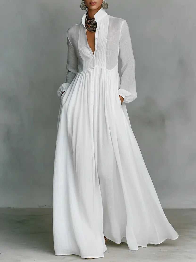 Nora | Damen Leinen-Baumwolle Stehkragen Knopfleiste Maxikleid 0