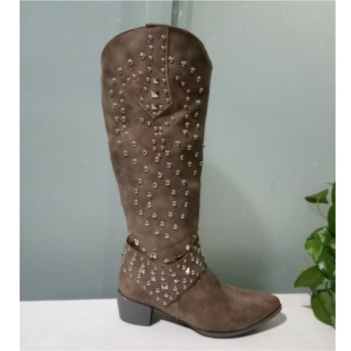 Black Knee High Boots for Women with Orthopedic Arch Support, Studded Western Style, Block Heel, Pointed Toe