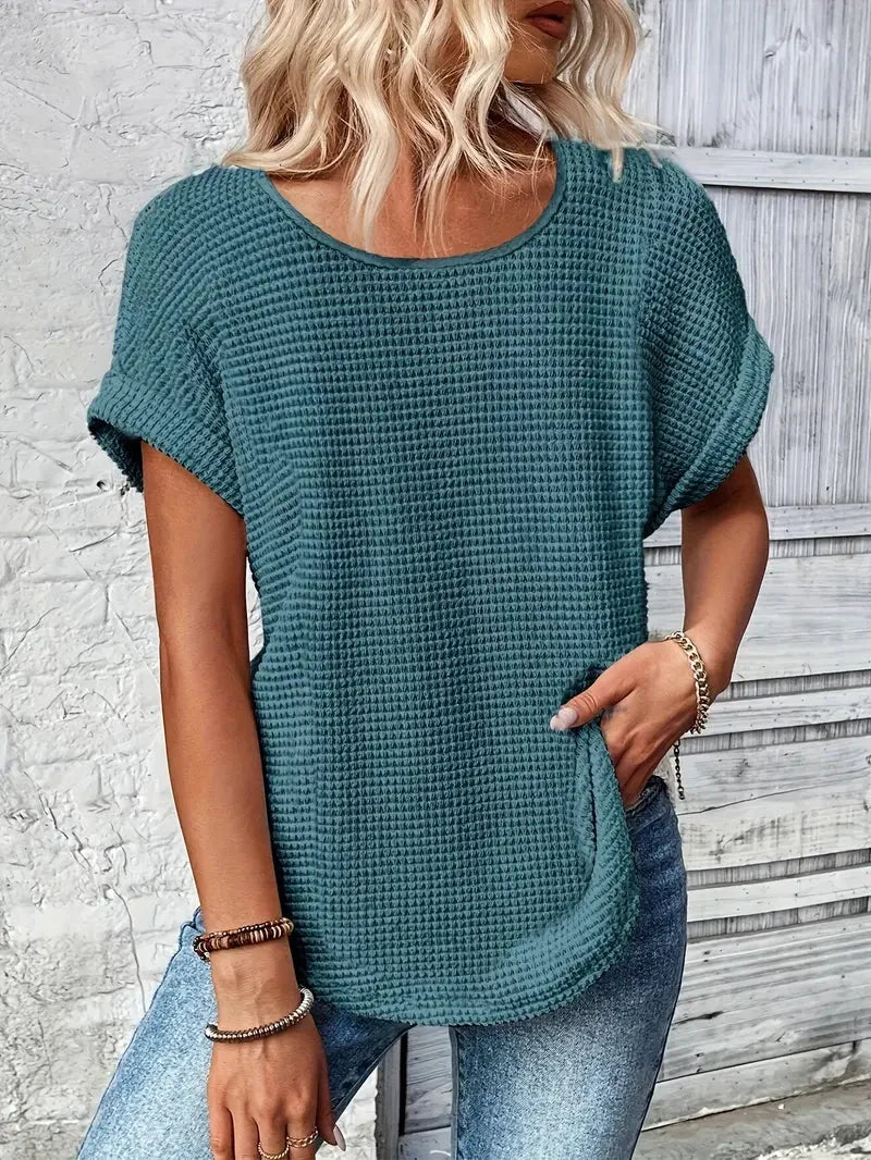 Saga | Waffle Knit Top with Short Rolled Sleeves 0