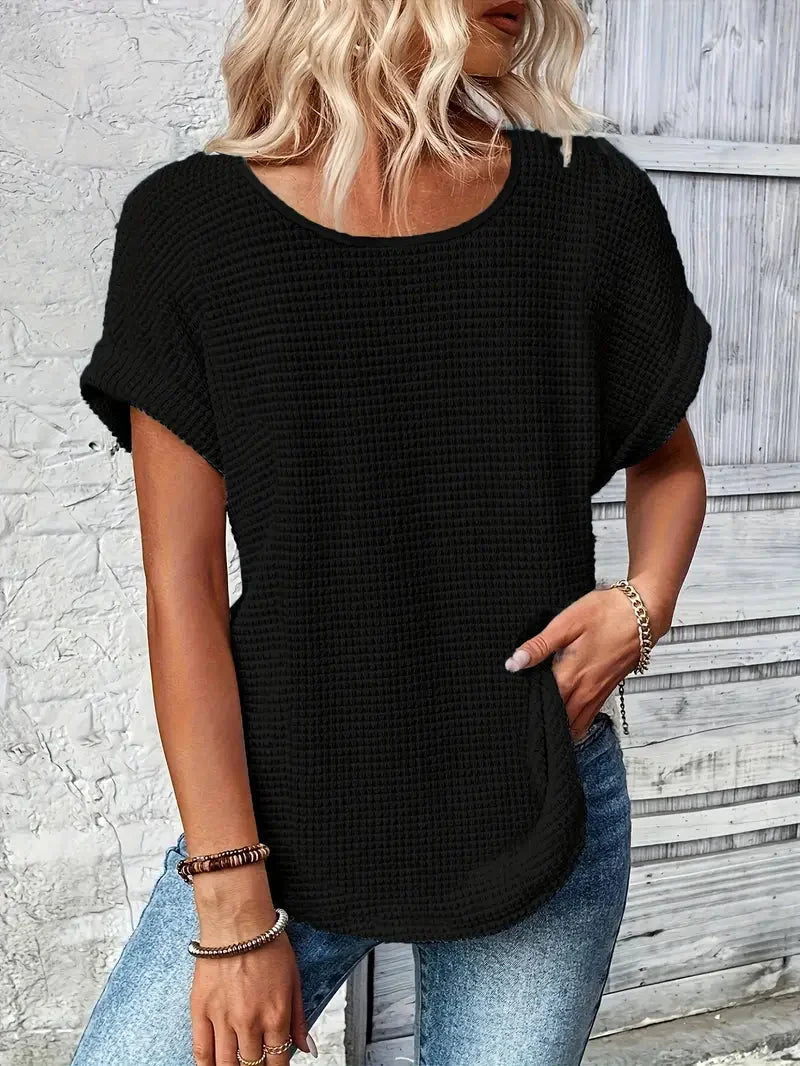 Saga | Waffle Knit Top with Short Rolled Sleeves 1