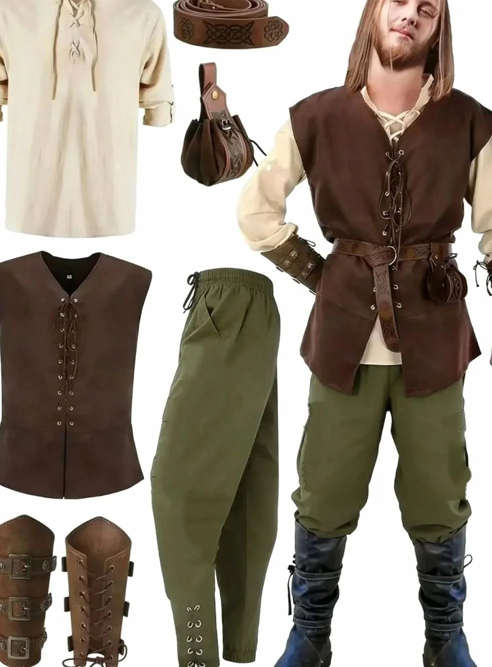 Simon | Men's Medieval Costume Set Lace-up Shirt Vest Trousers Belt Arm Warmers 0