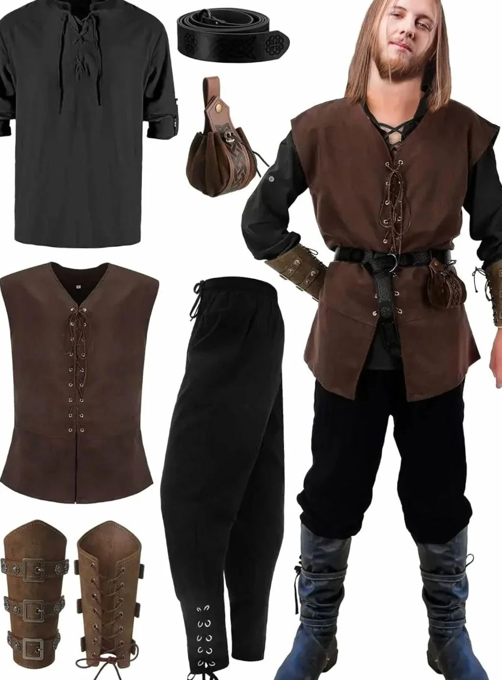Simon | Men's Medieval Costume Set Lace-up Shirt Vest Trousers Belt Arm Warmers 10