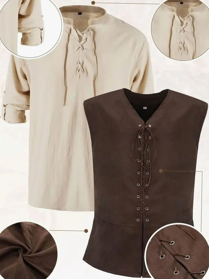 Simon | Men's Medieval Costume Set Lace-up Shirt Vest Trousers Belt Arm Warmers 2