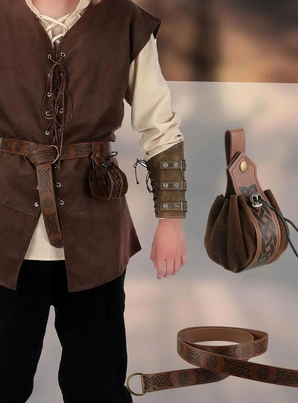 Simon | Men's Medieval Costume Set Lace-up Shirt Vest Trousers Belt Arm Warmers 5