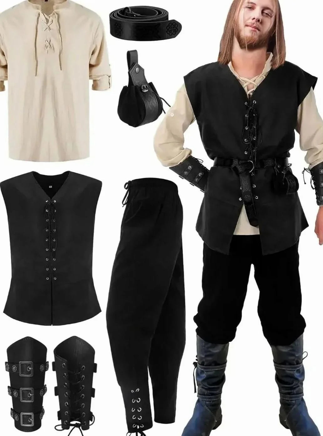 Simon | Men's Medieval Costume Set Lace-up Shirt Vest Trousers Belt Arm Warmers 8