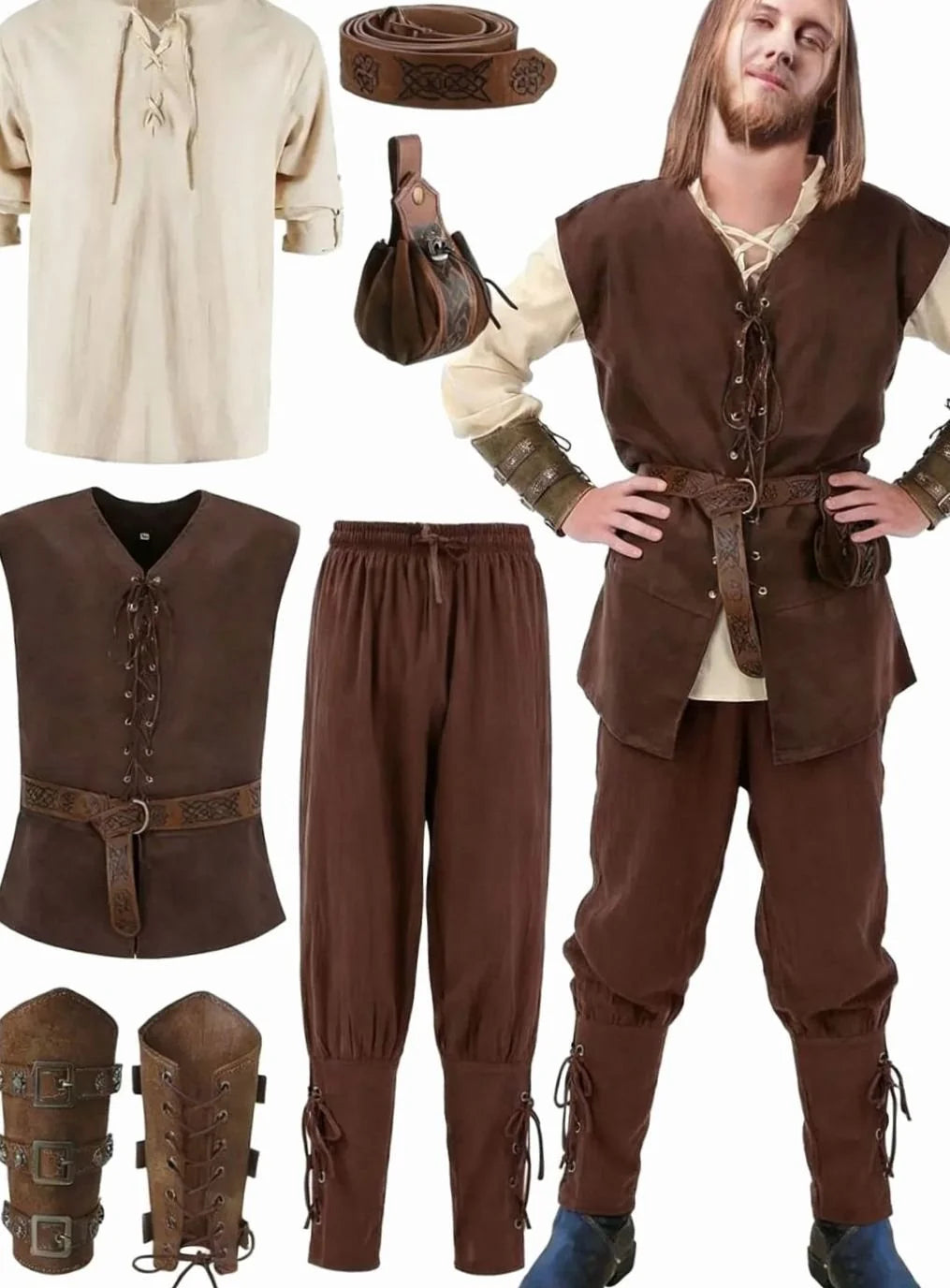 Simon | Men's Medieval Costume Set Lace-up Shirt Vest Trousers Belt Arm Warmers 9