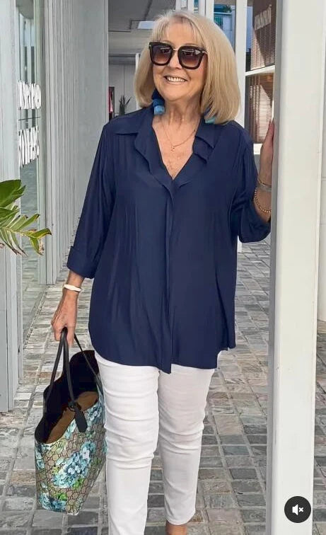 Valeska | Navy Blouse with Roll Up Sleeves 1