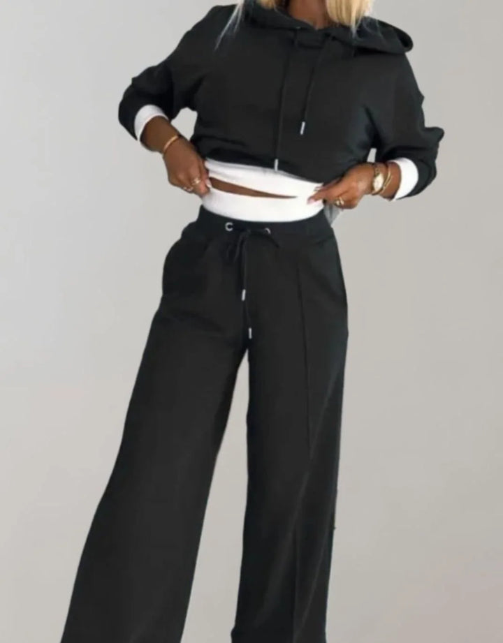 Women's Cropped Hoodie and Wide-Leg Drawstring Trackpants Set 0
