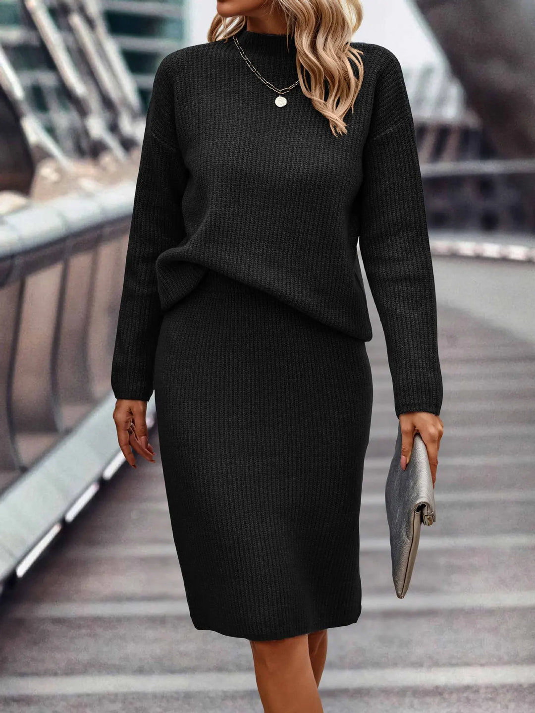 Women's Knit Set | Stand-up Collar & Midi Skirt 0