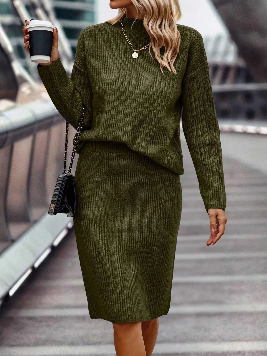 Women's Knit Set | Stand-up Collar & Midi Skirt 5