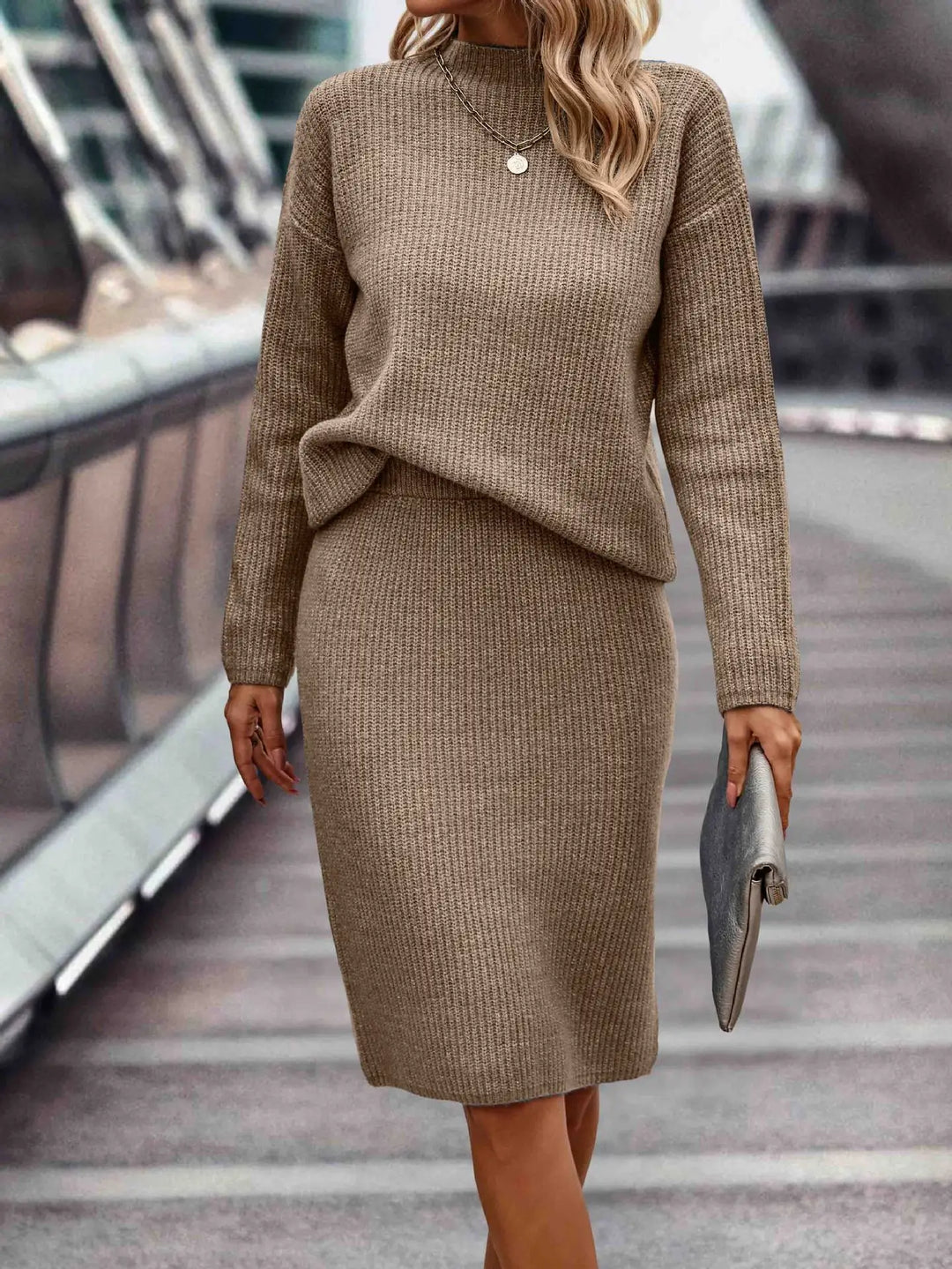 Women's Knit Set | Stand-up Collar & Midi Skirt 7