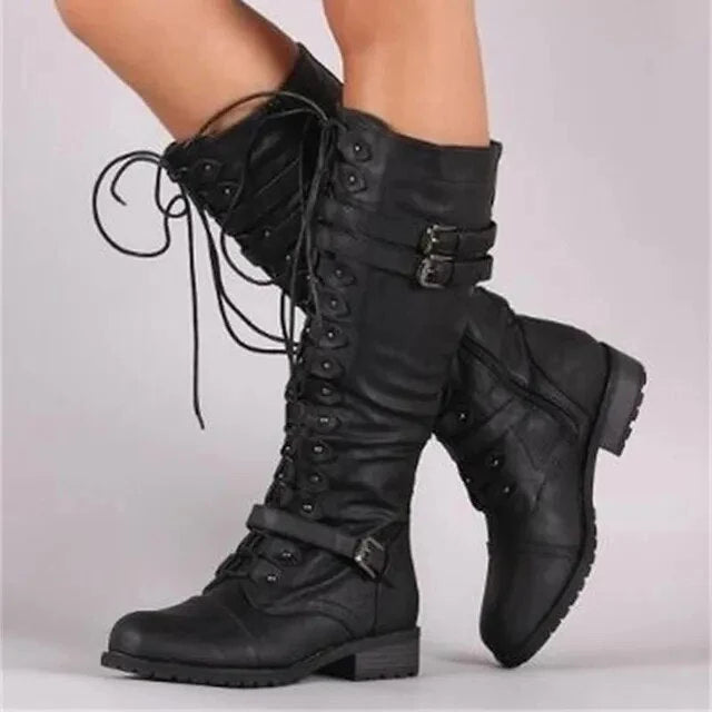 Women's Lace-Up Boots | Knee-High Buckle Retro Boots 0