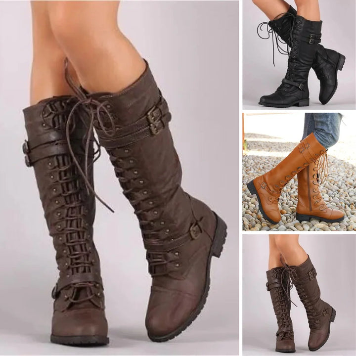 Women's Lace-Up Boots | Knee-High Buckle Retro Boots 3