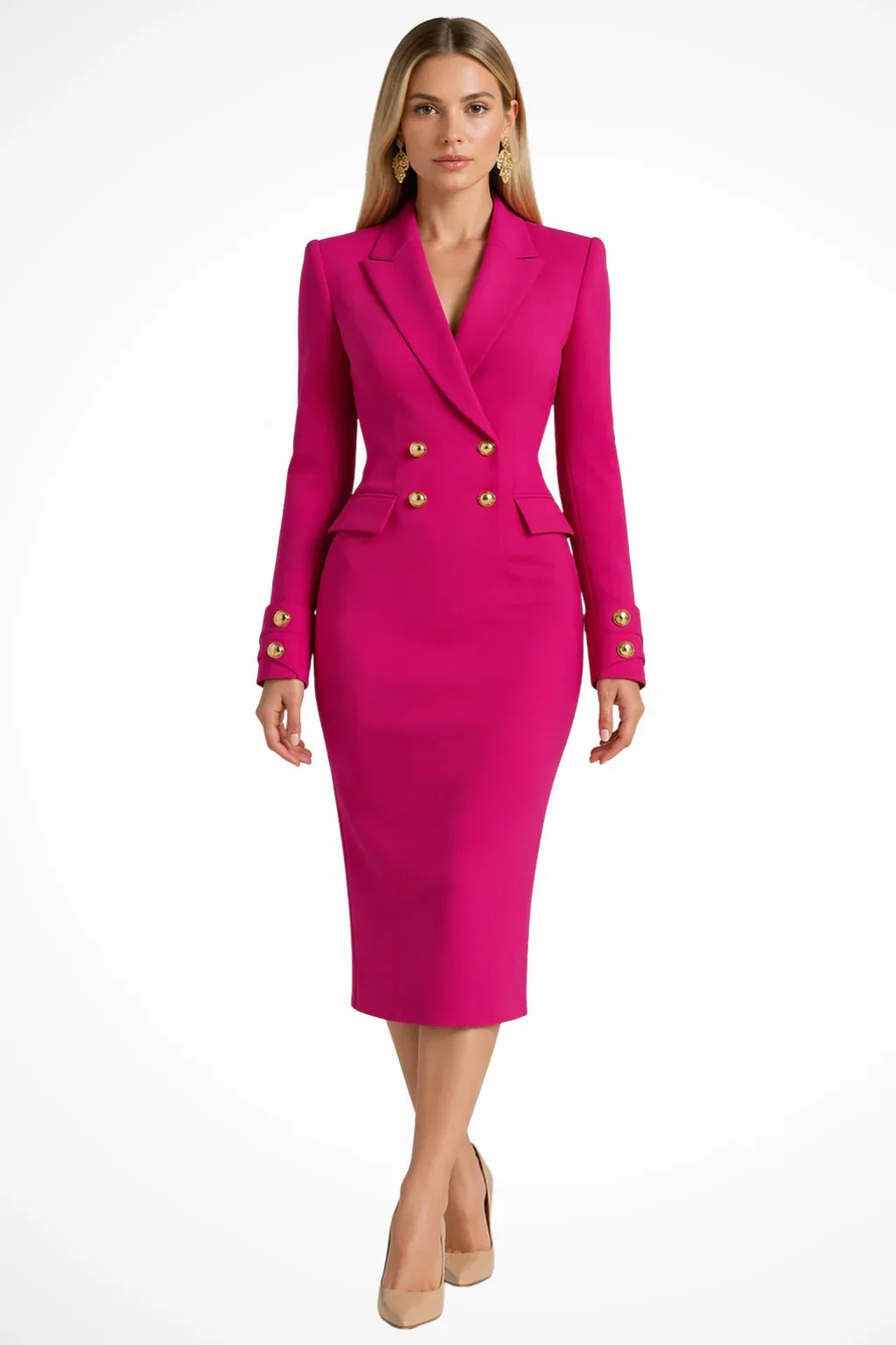 Women's Longline Double-Breasted Blazer Occasion Midi Dress with Buttons 4