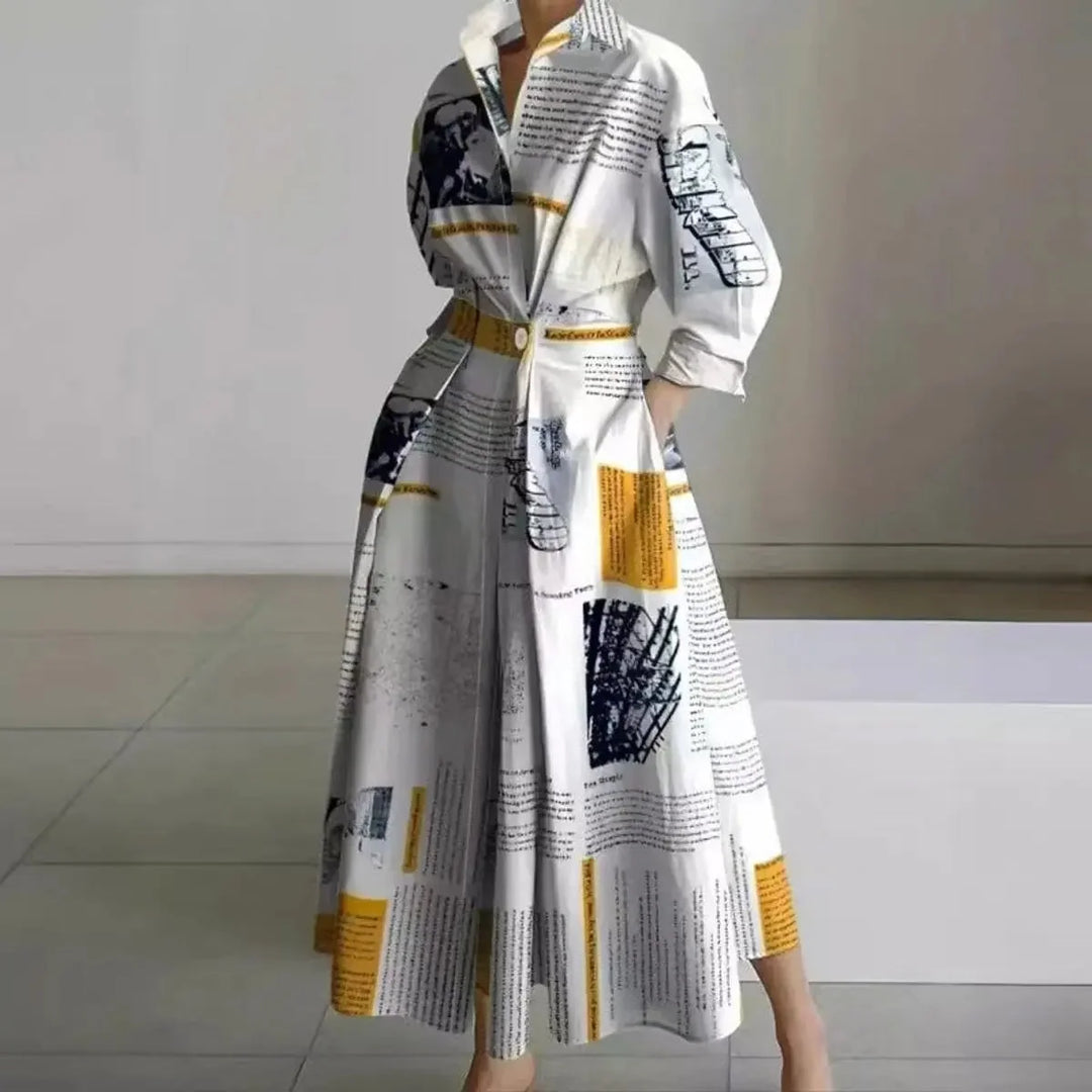 Women's Newspaper Print Collared Wrap Maxi Dress 11