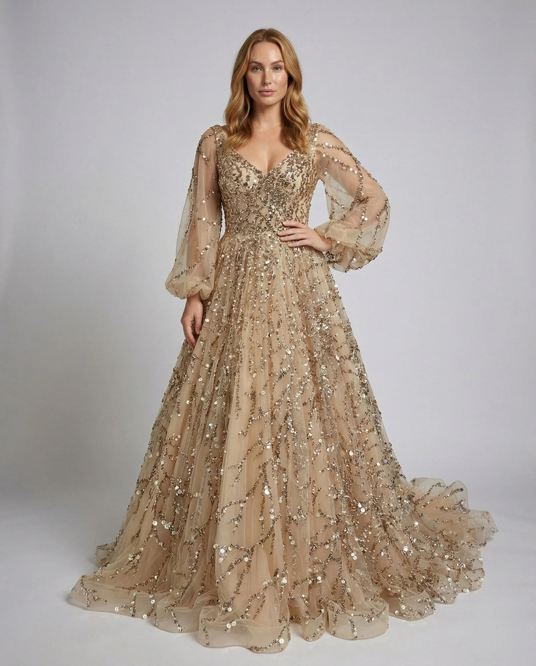 Women's Tulle Ball Gown with Balloon Sleeves and Beaded Appliqué 6