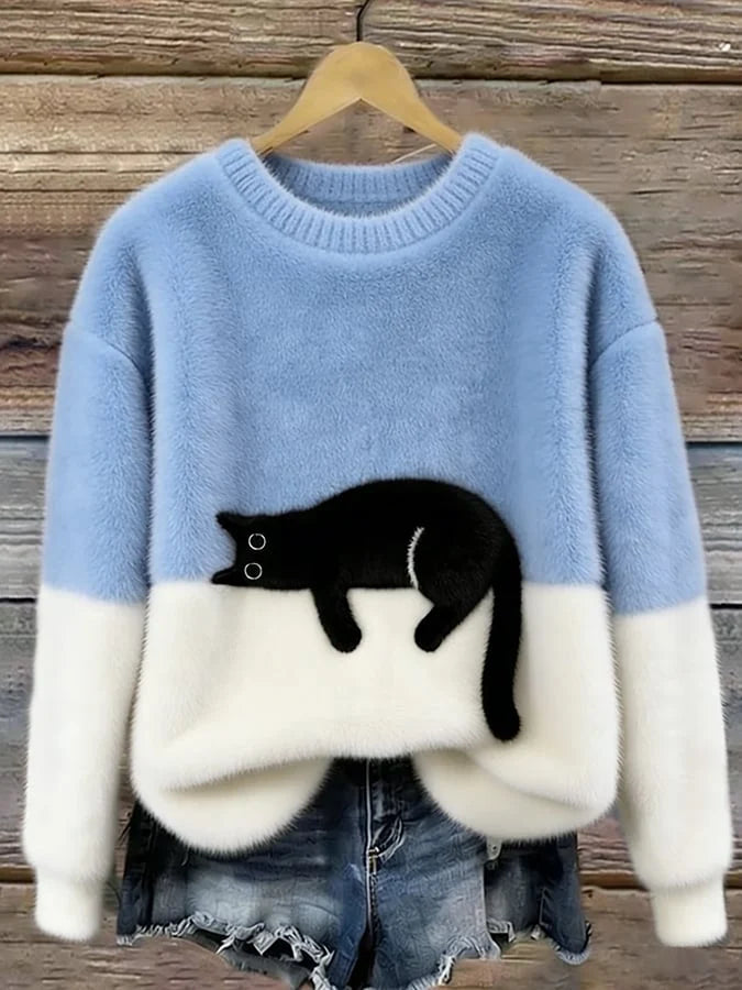 Women's oversized sweater with color block design and cat motif 0
